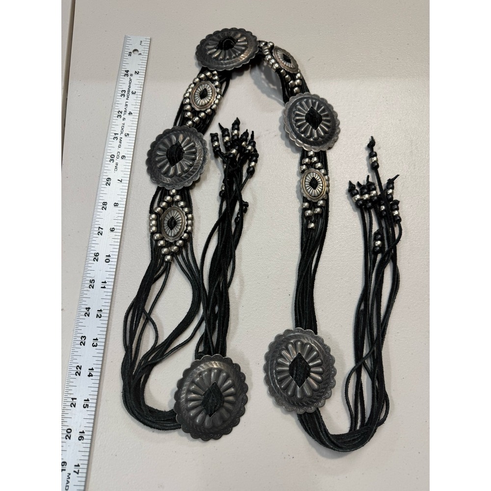 Vintage Southwestern Silver Concho Black Leather Multi Strand Tie Belt Western - Picture 2 of 5